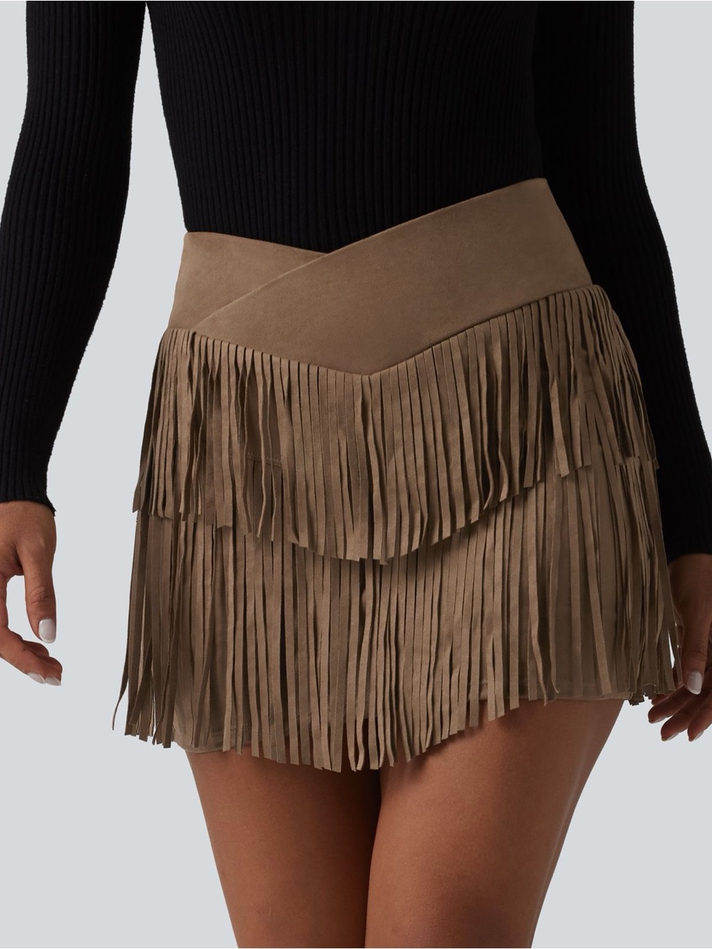 HALARA Taupe Fringe Suede Mini Skirt